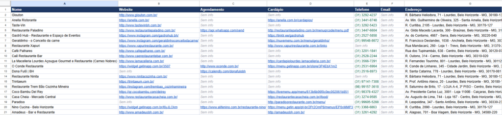 Planilha extraída pela extensão Google Maps Business Scraper