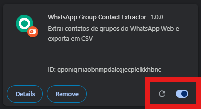 Captura de tela da extensão ativa.