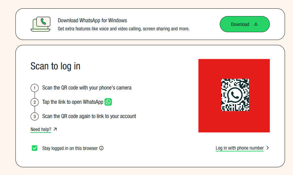 Captura de tela do login com QR Code do WhatsApp Web.