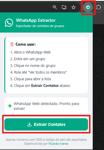 Captura de tela da extensão WhatsApp Group Contact Extractor aberta