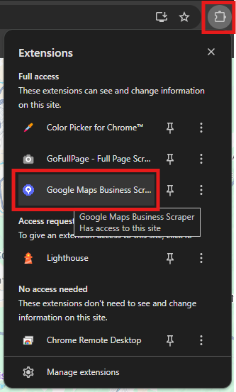 Print - Executando a extensão Google Maps Business Scraper